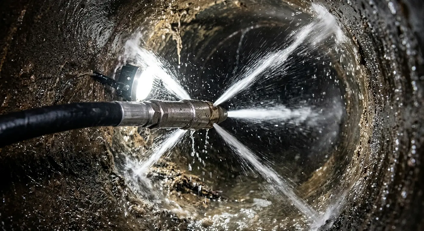 High-pressure hydro jetting nozzle cleaning sewer pipe for Trenchless Sewer Repair in Chesapeake Ranch Estates
