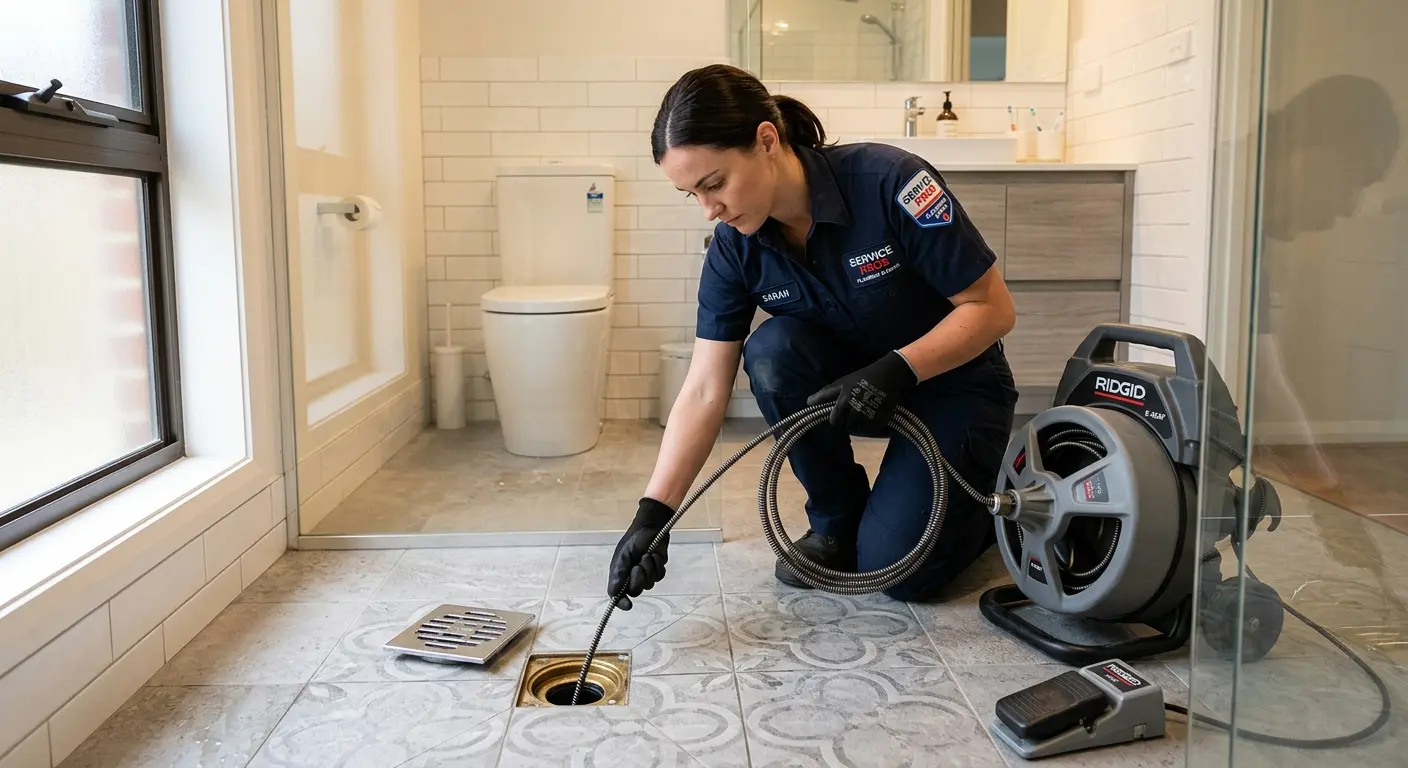 Technician clearing a bathroom floor drain for Drain Repair in Chesapeake Ranch Estates